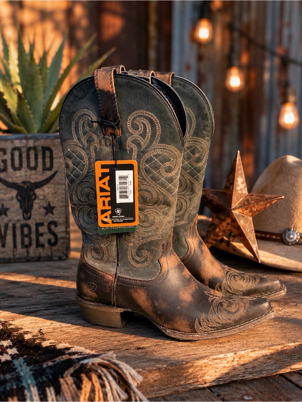 Ariat Brown Leather Cowboy Boots With Green Embroidered Shaft